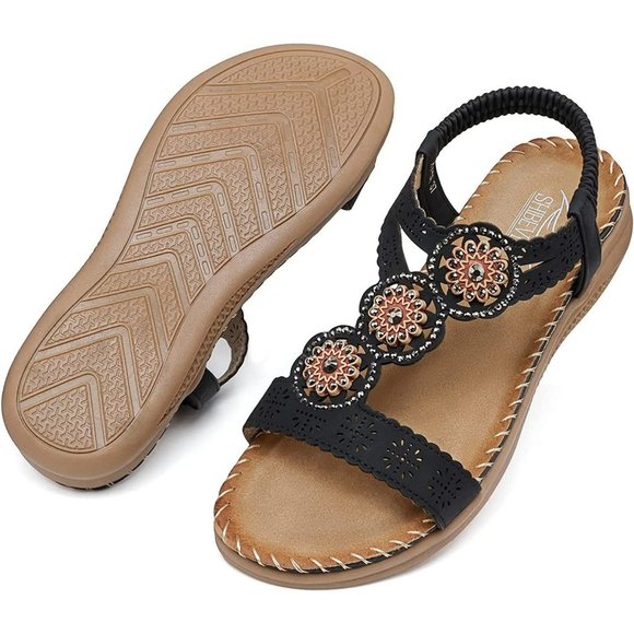 Size 11.5 SHIBEVER Sandals for Women Bohemian Flat Rhinestone Comfortable Beaded - Picture 2 of 6